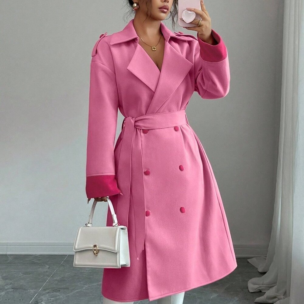 Pink Chic Women's Double breasted Midi trench Overcoat - Picture 1 of 8